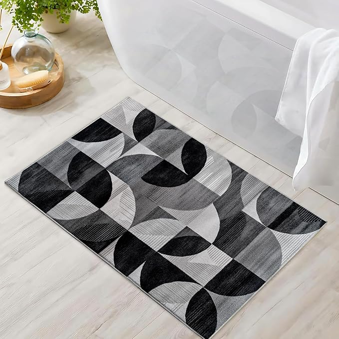 2x3 Area Rugs for Living Room Machine Washable Geometric Boho Rug Non Slip Printed Black and Grey Rug Carpet Friendly Modern Rug for Bathroom Bedroom Dining Room Kitchen