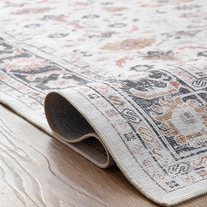 jinchan Hallway Runner Rug 3x8 - Vintage Rug Kitchen Washable Runner Floral Boho Floor Cover Non Slip Thin Mat Retro Distressed Carpet for Bathroom Laundry Room Bedroom Taupe