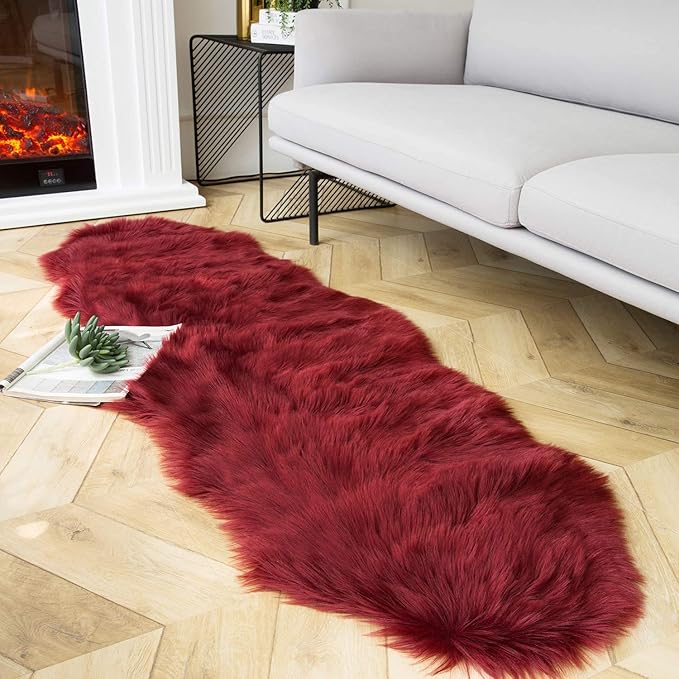 Ashler faux fur rug, Fluffy Shaggy Area Rug Ultra Soft 2 x 6 Feet Sheepskin Fur Rug, Deep Red Fuzzy Rug Machine Washable Shag Rug, Nursery Decor Throw Rugs for Bedroom, kids room, Living Room