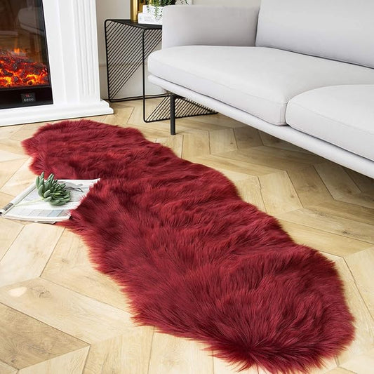 Ashler faux fur rug, Fluffy Shaggy Area Rug Ultra Soft 2 x 6 Feet Sheepskin Fur Rug, Deep Red Fuzzy Rug Machine Washable Shag Rug, Nursery Decor Throw Rugs for Bedroom, kids room, Living Room