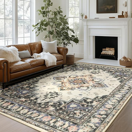 BESTSWEETIE 8x10 Area Rugs for Living Room, Washable Ultra Soft Boho Vintage Print Pattern Rug Non Slip Low Pile Carpet for Dining Room Bedroom Entryway Indoor-Khaki/Beige/Purple/Black