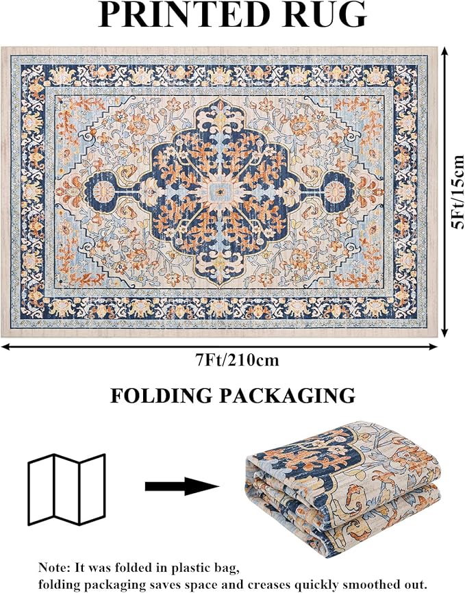 U'Artlines Boho Vintage Area Rug 5x7 Machine Washable Low Pile Soft Floor Carpet Non Slip Non Shedding Accent Rug for Living Room Bedroom Entryway Dining Room Office Orange＆Blue