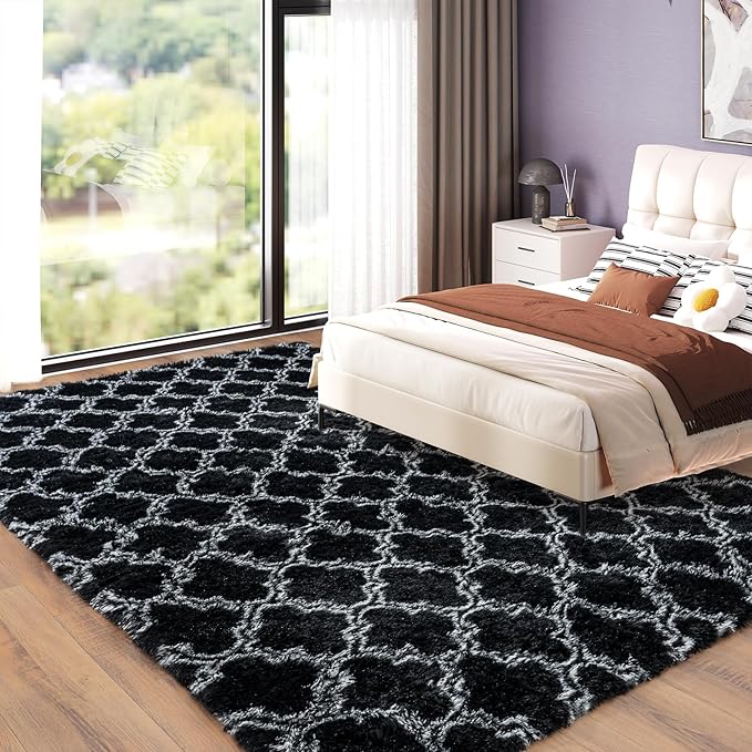 5x7 Area Rugs for Living Room, Plush Thick Carpets for Boy and Girls Room, Modern Soft Shag Rug for Bedroom, Non Slip, Large Indoor Carpet for Nursery Dorms Home Decor Aesthetic, Black