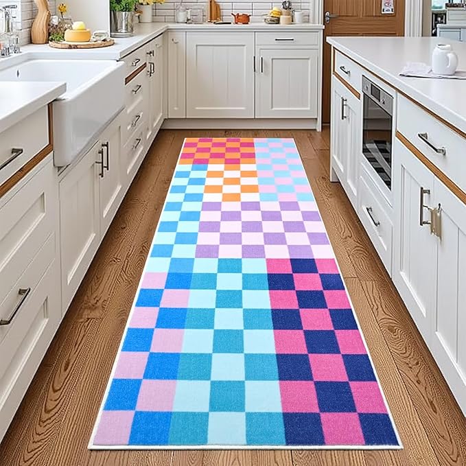 Terrug Multicolored Checkered Runner Rug for Bedroom, 2x6 Soft Washable Rug with Non Slip, Low Pile Stain Resistance Carpet for Entryway Hallway Kitchen Laundry Living Room
