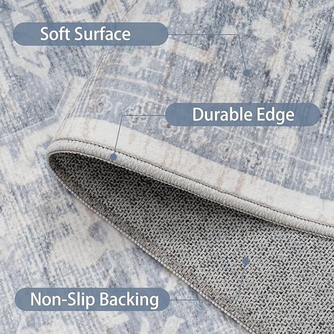 Washable Rugs 8x10 Area Rugs, Soft Vintage Living Room Rug with Anti-Skid Backing Stain Resistant Thin Indoor Carpet Large Area Rug for Bedroom Under Dining Room Table Nursery Entryway-Blue