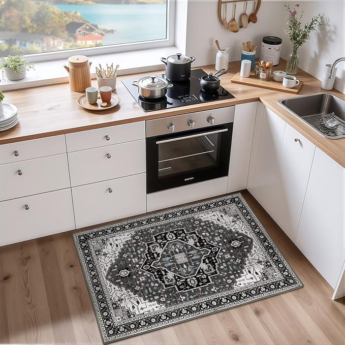2x3 Black Grey Small Area Rug for Entryway, Soft Washable Rugs with Non-Slip Backing for Bedroom Kitchen, Vintage Throw Carpet Laundry Entry Front Door Decor