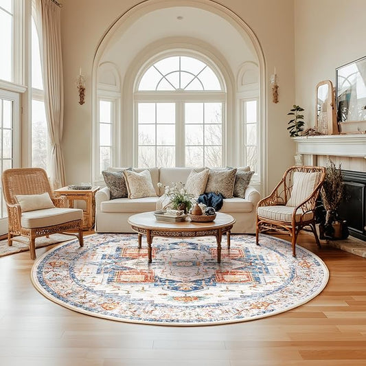 Washable 8ft Area Rugs, Rugs for Living Room, Low-Pile Water&Stain Resistant Carpet Vintage Distressed Printed Non-Slip Carpet for Bedroom Bathroom Kitchen-Blue