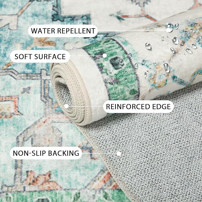 Washable 9x12 Area Rugs, Rugs for Living Room, Low-Pile Water&Stain Resistant Carpet Vintage Distressed Printed Non-Slip Carpet for Bedroom Bathroom Kitchen-Grass Green