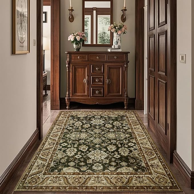Area Rugs for Living Room, 4x6 Washable Rugs for Bedroom, Non-Slip Retro Floral Carpet for Entryway Office Kitchen Dining Room, Brown and Green