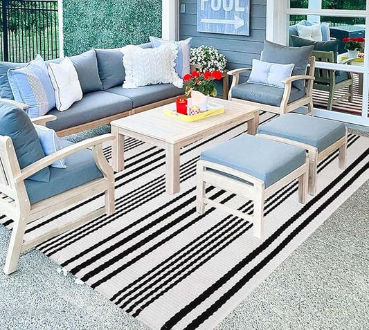 BUAGETUP Black and White Striped Outdoor Patio Rug 4' x 6',Hand Woven Cotton Patio Rug Front Porch Rug Indoor Outdoor Area Rug for Bedroom/Living/Room/Patio
