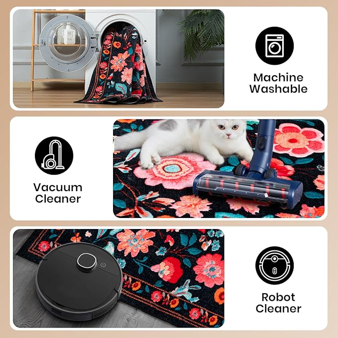 Area Rugs for Living Room6x8 Non-Slip Carpet Washable Boho Rug Vintage Low Pile Carpet Print Home Rugs for Bedroom Kids Room Playroom Dining Room Home Office Farmhouse,Dark Black