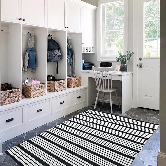 Black and White Striped Outdoor Rug 27.5"x43" Cotton Hand-Woven Reversible Foldable Washable Area Rug for Layered Door Mats Porch/Front Door, Entryway, Laundry Room, Farmhouse, Kitchen (27.5'' x 43'')