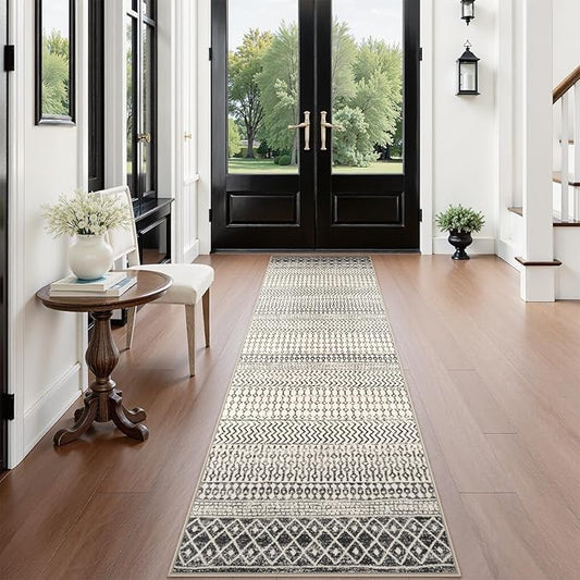 Washable Runner Rugs for Hallway 2'6"x10',Soft Non Slip Moroccan Black Area Rug,Low Pile Long Kitchen Runner Rug Carpet Runners for Entrance Bedroom Living Room