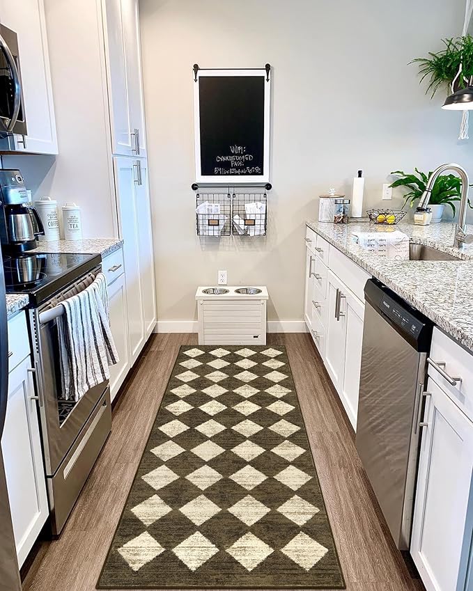 Lahome Washable Kitchen Runner Rug, Rug Runners for Hallways 6 Feet Non Slip Long Bathroom Rugs Runner, Moroccan Trellis Non Skid Low Pile Laundry Room Carpet Runners for Bedroom Entryway, 2x6 Brown