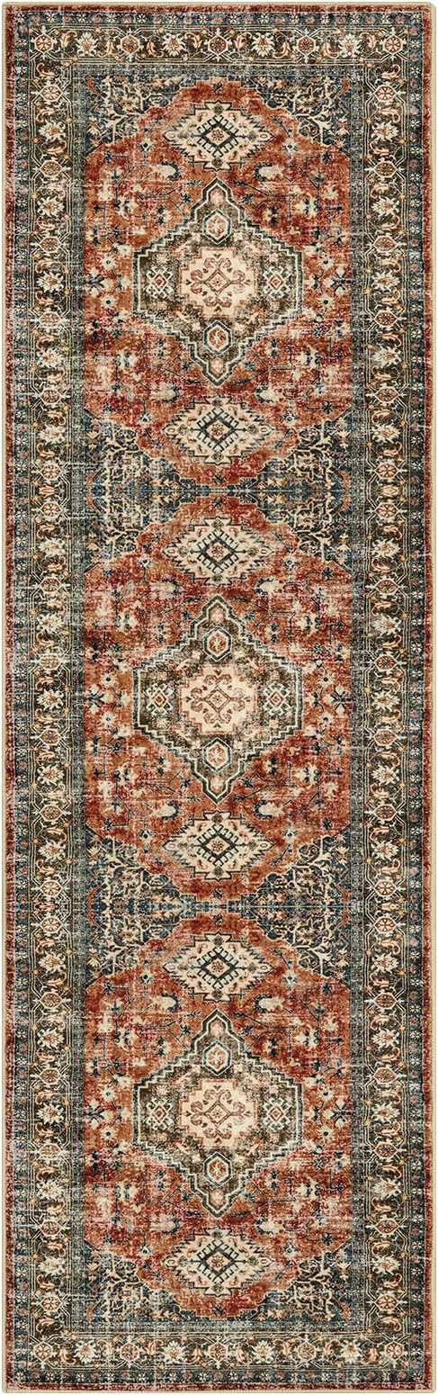 Lahome Oriental Hallway Runner Rug Non Slip, 2.5x8 Kitchen Washable Runner Soft Hallway Rug, Traditional Ultra-Thin Carpet for Bathroom Entryway ‎Laundry Room, Brick Red