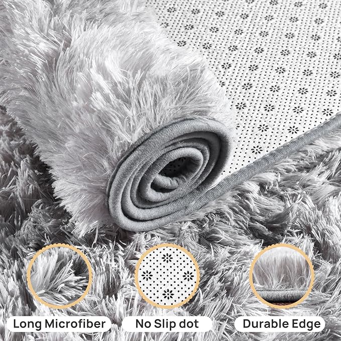 Shaggy Soft Fluffy Rug Non-Slip Indoor Floor Carpet for Living Room Anti-Skid Indoor Plush Carpet for Living Room, Height Pile 1.4" Plush Rug Tie-Dyed Light Grey 2x3 Feet