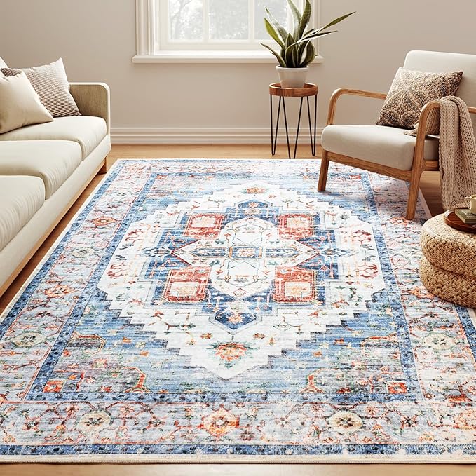 Washable 5x7 Area Rugs, Rugs for Living Room, Low-Pile Water&Stain Resistant Carpet Vintage Distressed Printed Non-Slip Carpet for Bedroom Bathroom Kitchen-Blue