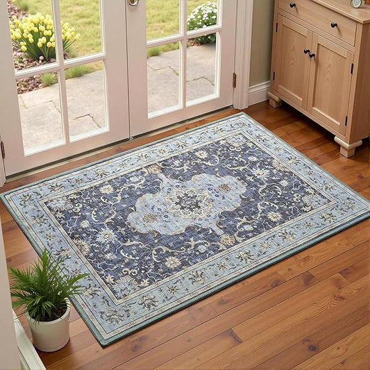 Vasofe Navy Blue 2x3 Small Front Door Mat, Bathroom Rugs, Indoor Entrance Mats, Machine Washable Low-Pile Hallway Entry Carpet, Vintage Floral Print Indoor Floor Throw Carpets for Bedside Kitchen