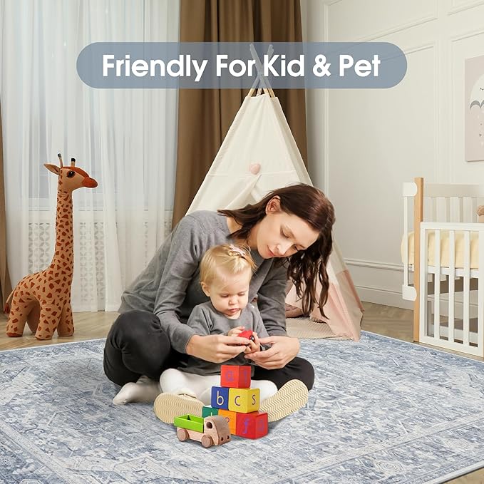 Washable Rugs 8x10 Area Rugs, Soft Vintage Living Room Rug with Anti-Skid Backing Stain Resistant Thin Indoor Carpet Large Area Rug for Bedroom Under Dining Room Table Nursery Entryway-Blue
