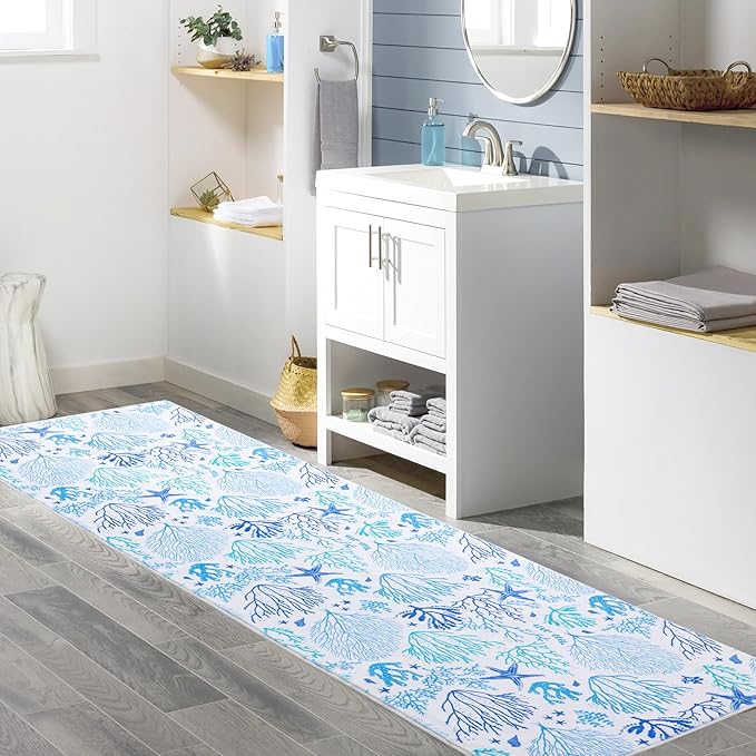 Carvapet Rugs for Hallway Laundry Bedroom, Modern Floral Low Pile Long Carpet with Rubber Backing, Foldable, Non Slip Machine Washable (10 x 3 Feet Rectangular, Sea World Runner Rug)