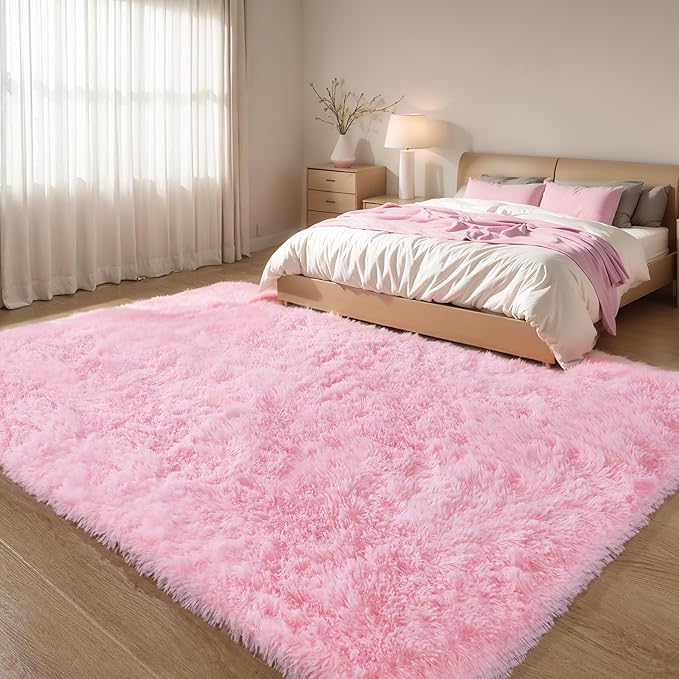 KCHOWUA Pink Fluffy Shag Rugs for Bedroom Girls,4'x6' Machine Washable Soft Shaggy Fuzzy Throw Cute Large Area Rug for Living Room,Modern Pastel Plush Nursery Toddler Kids Dorm Floor Room Carpets
