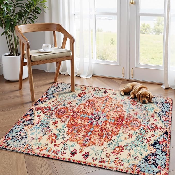 Lahome Bohemian Floral Medallion Area Rug - 4x6 Oriental Distressed Bedroom Rug Country Vintage Faux Wool Indoor Throw Mat Non-Slip Washable Low-Pile Carpet for Bathroom Living Kitchen Laundry Room