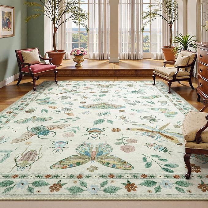 Beeiva Insect Print Rug 8x10, Washable Large Area Rugs for Bedroom Under Bed, Non Slip Soft Low Pile Ultra Thin Foldable Carpet for Office, Kids Room, Playroom, Nursery, Dining Room - Beige