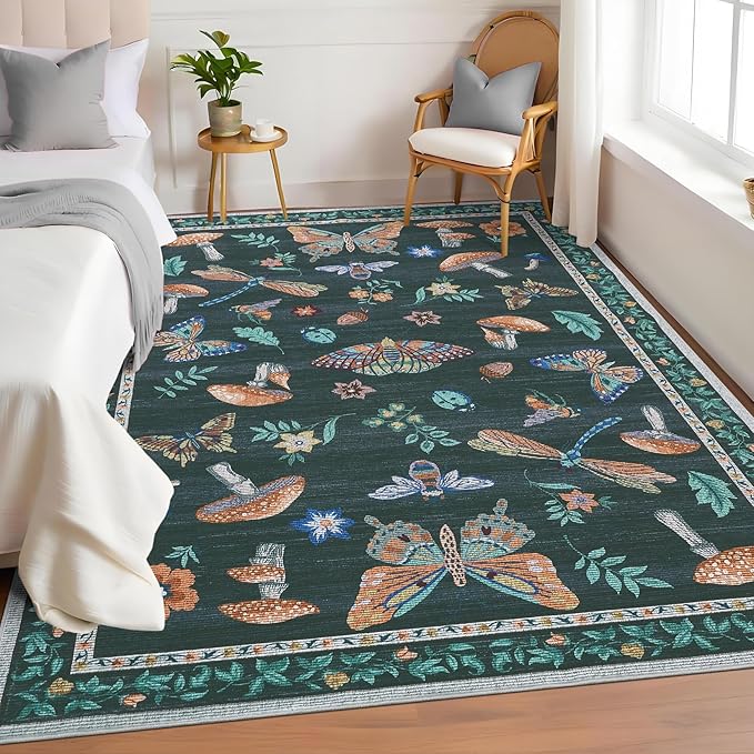Washable Rug 5x7 Area Rugs for Living Room, Mushroom Insect Rug for Bedroom, 5x7 Rug Non Slip Throw Rugs with Rubber Back, Low Pile Stain Resistant Modern Carpet for Dining Room Dorm,Black