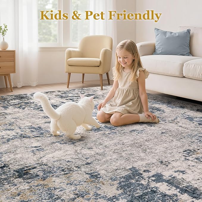 Area Rugs for Living Room: 5x7 Abstract Washable Rug Large Soft Stain Resistant Non-Slip Backing for Bedroom Dining Room Indoor Home Office Carpet for Kids Pet Friendly Families - Blue Brown