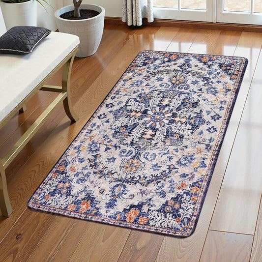 Lahome Bohemian Floral Medallion Runner Rug - 2x4 Blue Soft Bathroom Rug Runner Entry Way Mat, Washable Non Skid Laundry Room Carpet Runner for Living Room Dining Room Kitchen Entrance