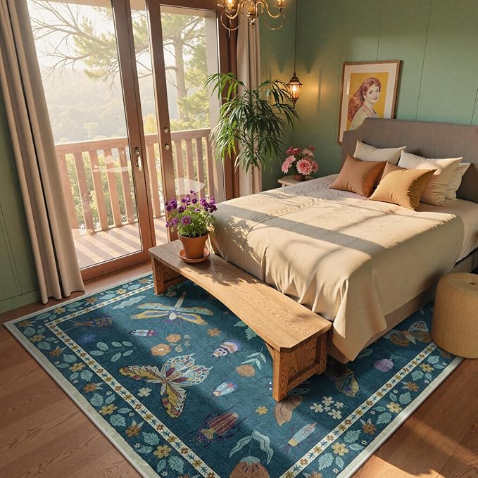 Beeiva Insect Print Area Rug 6x9, Washable Rugs for Living Room Non Slip, Soft Low Pile Ultra Thin Foldable Large Carpet for Office, Bedroom, Kids Room, Playroom - Dark Green