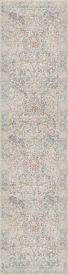 Washable Beige Blue 2x10 Runner Rug for Hallway Kitchen Entryway Laundry Room, Non-Slip Stain Resistant Long Floor Mat, Vintage Floral Aethestic Design (Beige Blue 2x10)