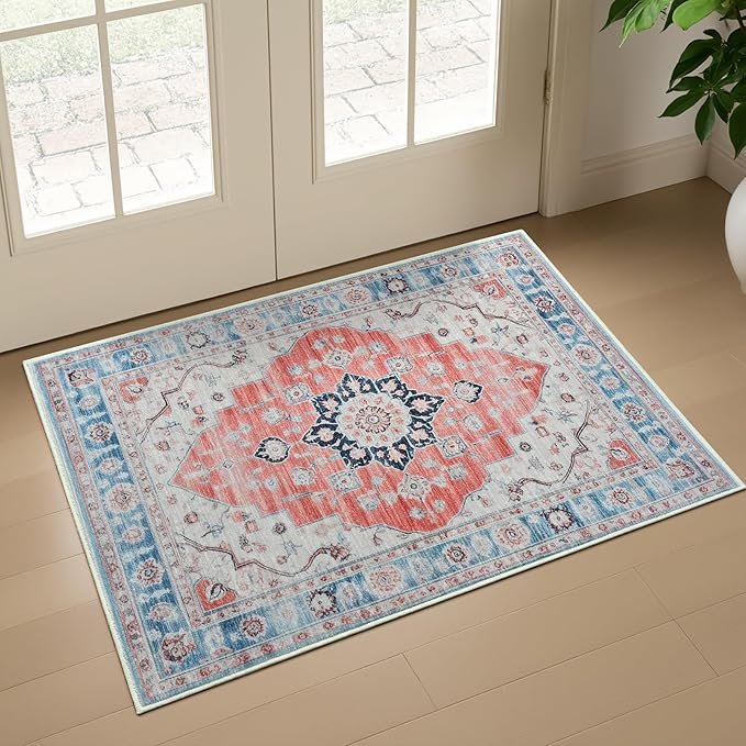 Vintage Entryway 2x3 Rug, Machine Washable Small Medallion Area Rug, Soft Non-Slip Stain Resistance Boho Throw Rugs, Low-Pile Indoor Door Mat for Kitchen Bedroom Hallway Entry, Red Blue