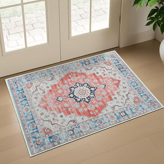 Vintage Entryway 2x3 Rug, Machine Washable Small Medallion Area Rug, Soft Non-Slip Stain Resistance Boho Throw Rugs, Low-Pile Indoor Door Mat for Kitchen Bedroom Hallway Entry, Red Blue
