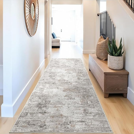 3x12 ft Long Hallway Runner Rug - Non-Slip Washable Kitchen Rug with Rubber Backing,Modern Abstract Neutral Thin Low Pile Floor Carpet Runner for Entryway,Bedroom,Living Room（Beige Grey）