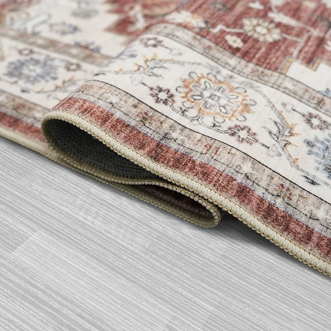 Washable Hallway Runner Rug 3x10: Vintage Ultra Thin Long Runners for Kitchen Soft Bathroom Nursery Mat - Non Slip Low Pile Carpet - Home Floor Decoration Rugs (3x10,Brick)