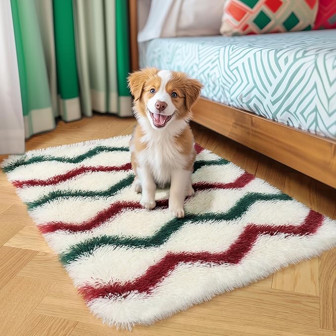 RUGTUDER Small Rug for Bedroom, Washable 2x3 Throw Rugs for Living Room, Cream Red Green Non Slip Fluffy Fuzzy Shag Soft Rugs Striped Chevron Modern Geometric Rug for Bedside Kids Room Decor Aesthetic