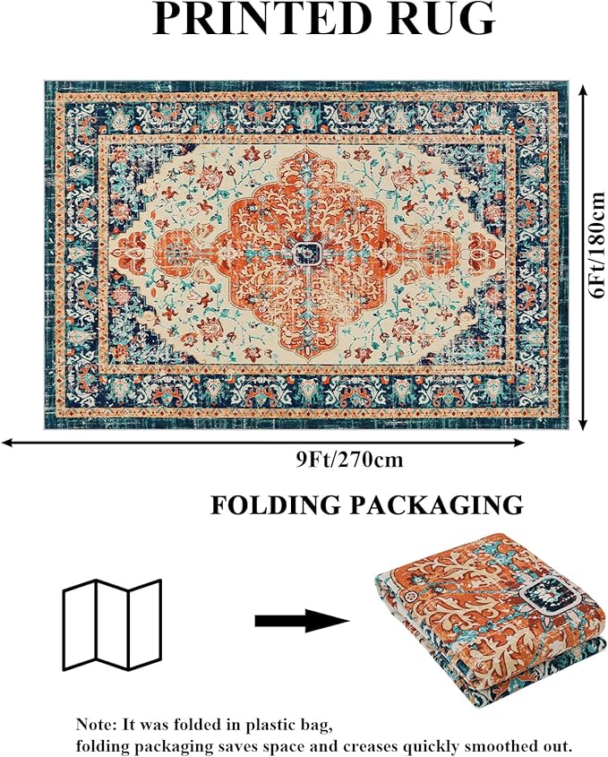 U'Artlines Boho Vintage Area Rug 6x9 Machine Washable Low Pile Soft Floor Carpet Non Slip Non Shedding Accent Rug for Living Room Bedroom Entryway Dining Room Office Orange/Multi
