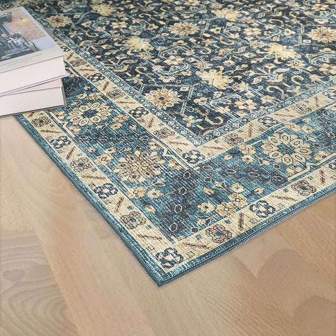 Dripex 3x5 Area Rugs, Machine Washable Non Slip Boho Rugs,Distressed Entryway Rug Doormat,No Pile Lightweight Vintage Rug, Smal Carpet Rug for Front Entrance,Office Bedroom,Navy Blue