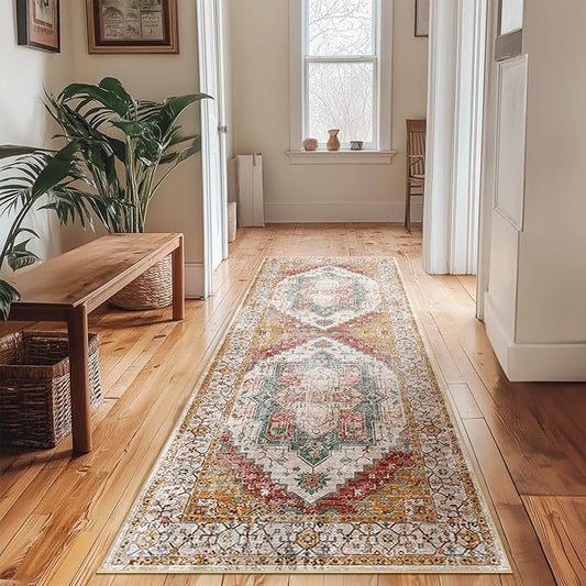 Washable 2x6 Area Rugs, Rugs for Living Room, Low-Pile Water&Stain Resistant Carpet Vintage Distressed Printed Non-Slip Carpet for Bedroom Bathroom Kitchen-Yellow/Brown