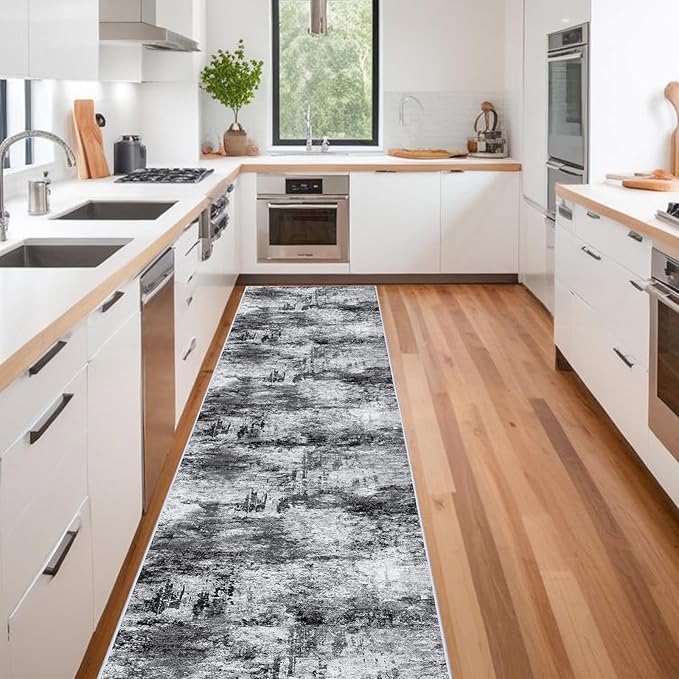 RUUGME Washable Hallway Rug 3x16 - Runner Rug Stain Resistant for Living Room Non Slip Indoor Entryway Rubber Backing Carpet Bedroom Kitchen Distressed Floor Decor Mat Machine Washable 3x16 Black A