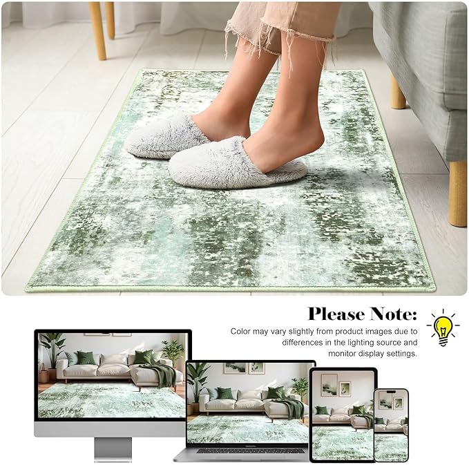 Washable Abstract Rug, 2x3 Small Modern Area Rugs with Non-Slip Rubber Backed for Kitchen, Thin but Soft Throw Carpet Bedroom Entryway Front Door Decor, Green