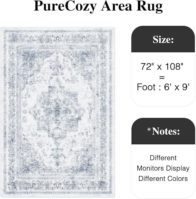 Washable Rug 6x9 Area Rug for Living Room Blue Vintage Boho Medallion Large Distressed Retro Carpet Non Slip Indoor Low Pile Small Soft Bedroom Dining Room Home Office