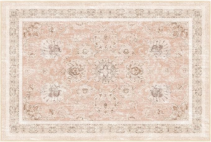Phantoscope Vintage Collection Area Rug 6'x9' for Living Room - Washable Rug Large Boho Carpet Non-Slip for Bedroom Dining Room, Indoor Low-Pile Neutral Distressed Accent Rug, Soft Pink/Beige