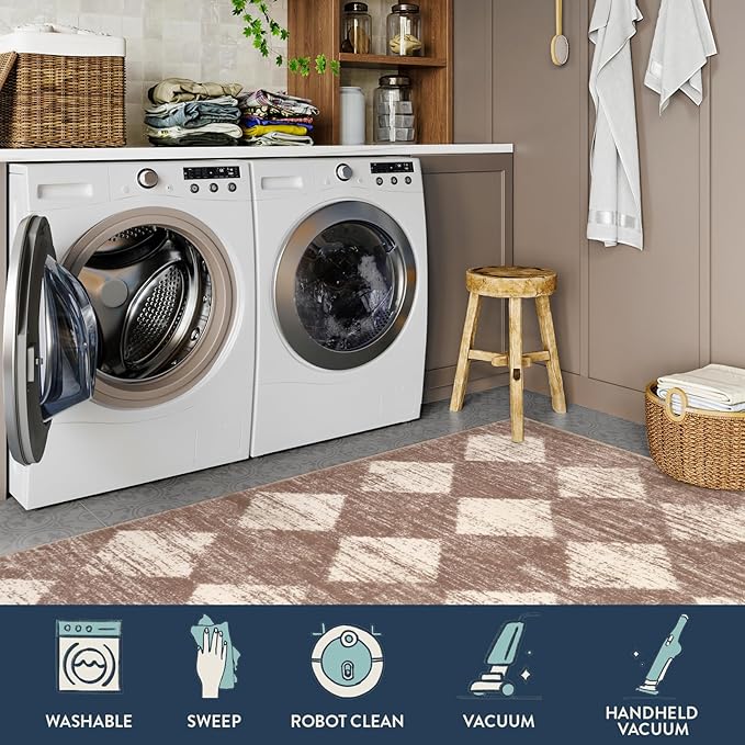Lahome Machine Washable Long Bathroom Rugs Runner, 2x5 Non Slip Entryway Rugs Indoor Kitchen Runner Rug, Moroccan Trellis Non Skid Laundry Room Carpet Runner for Bedside Entrance Living Room, Beige