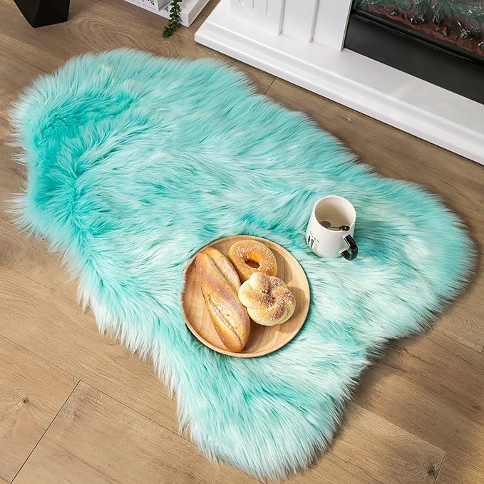 Ashler faux fur rug, Fluffy Shaggy Area Rug Ultra Soft 2 x 3 Feet Sheepskin Fur Rug, Turquoise Fuzzy Rug Machine Washable Shag Rug, Nursery Decor Throw Rugs for Bedroom, kids room, Living Room