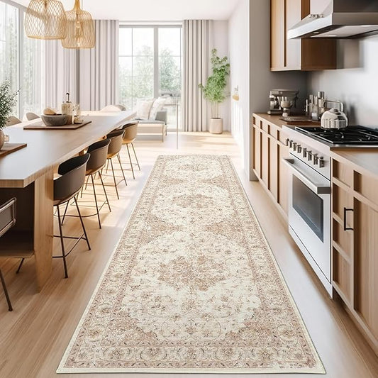 jinchan Kitchen Runner Rug 3x10 Vintage Floral Machine Washable Non-Slip Hallway Rug with Rubber Backing Ultra-Thin Carpet Runner for Bedroom Laundry Room Living Room (3x10ft,Blush)