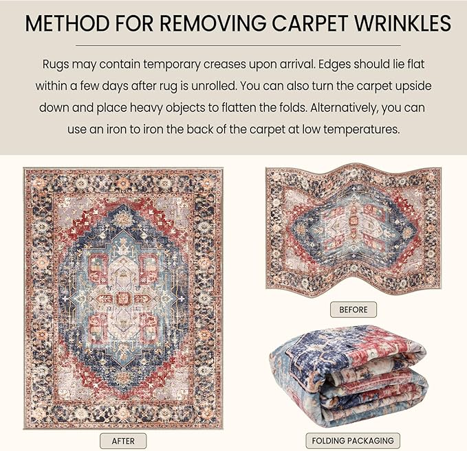 Washable 9x12 Area Rugs, Rugs for Living Room, Low-Pile Water&Stain Resistant Carpet Vintage Distressed Printed Non-Slip Carpet for Bedroom Bathroom Kitchen-Dark Red