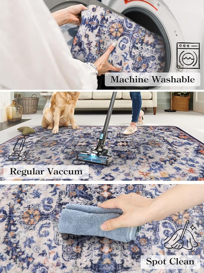 Lahome Washable Runner Rug, 2x5 Bohemian Kitchen Rug Runners Low Pile Bathroom Runner Rugs with Rubber Backing, Printed Throw Carpet Runner for Laundry Room Hallway Bedside, Blue Purple/Multi