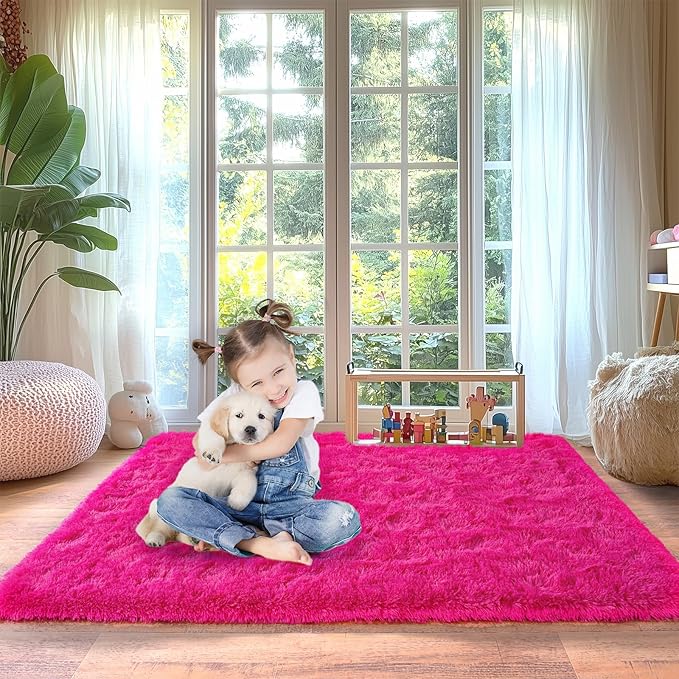 Hot Red Fluffy Rug for Bedroom 4x5.9 ft - Ultra Soft & Non Slip Shaggy Area Rug, Comfy Durable Carpet for Living Room Kids Room Teens Dorm Home Decor, 1.7'' Thick Indoor Plush Carpets